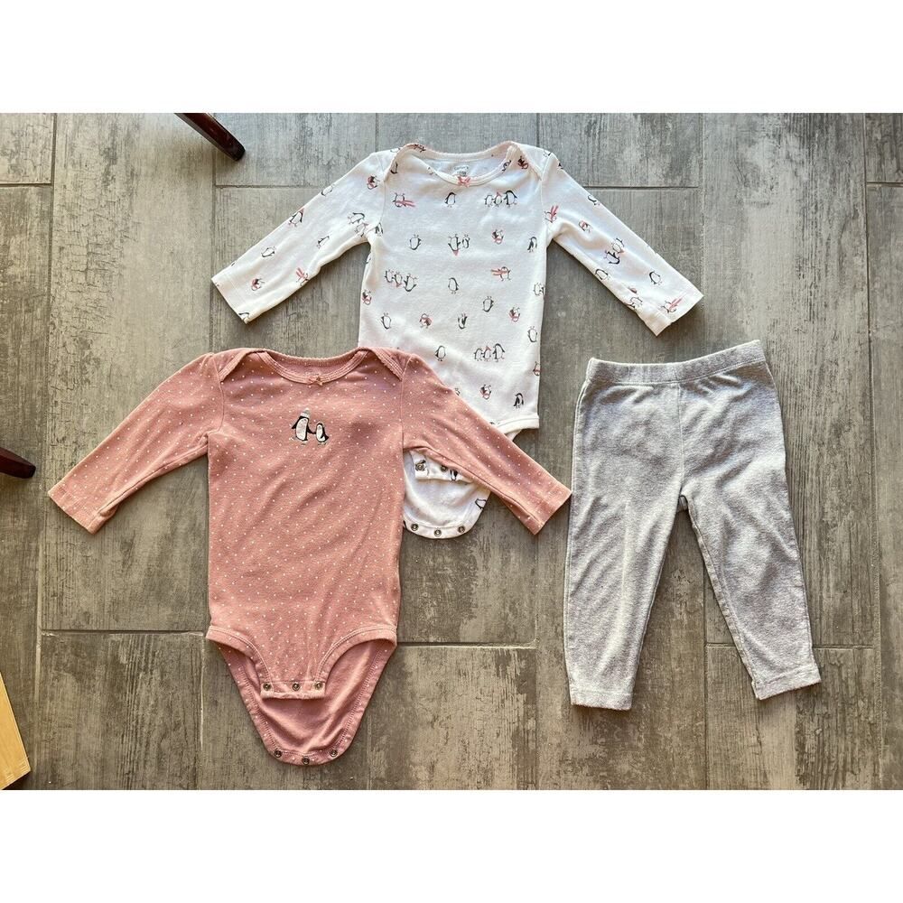 Baby Toddler Girl 3 Piece Outfit Penguin Bodysuits & Pants Set Cotton Cute 18m - Picture 2 of 13
